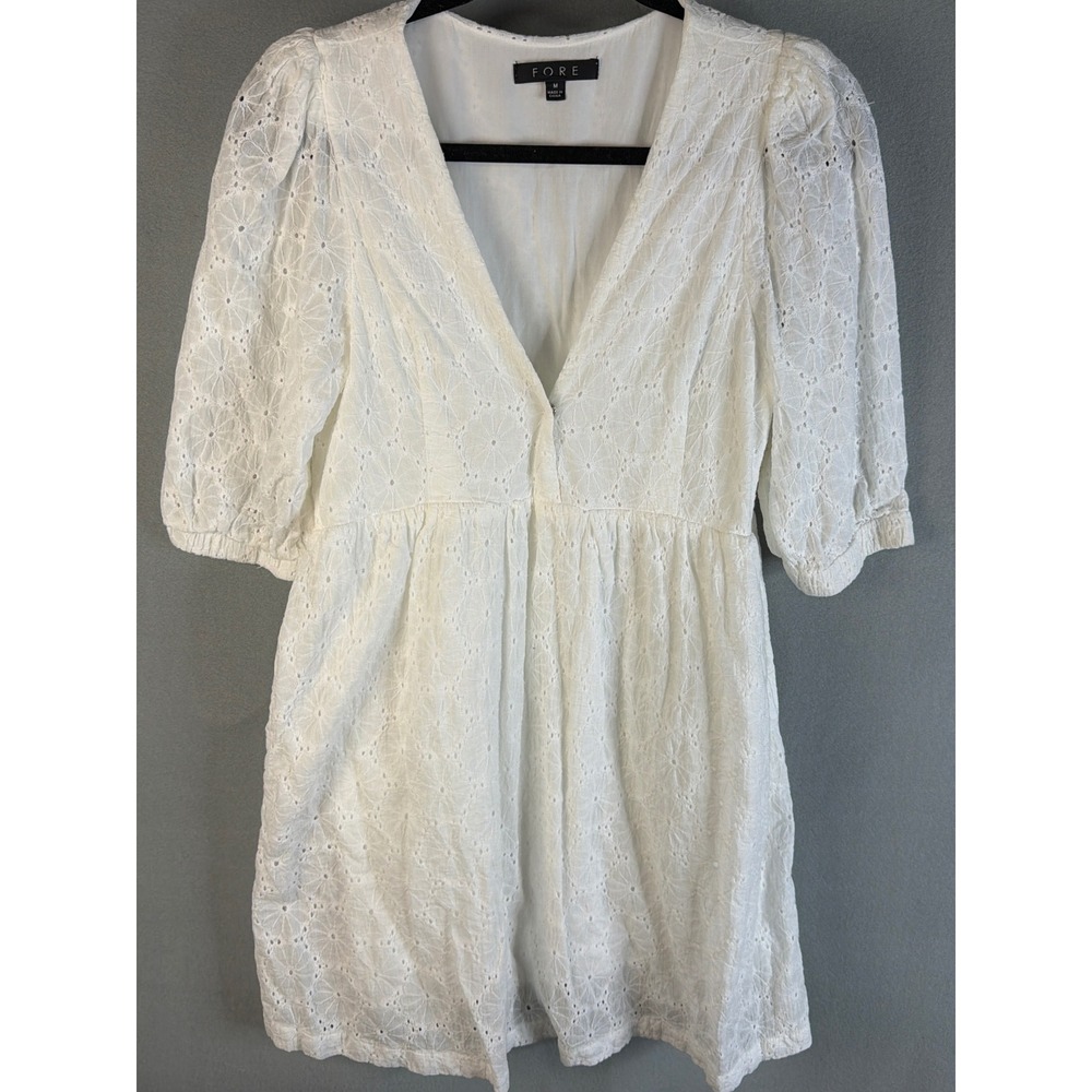 FORE Women M Mini Dress White Excellent Eyelet Cotton Puff Sleeve V-Neck Pockets